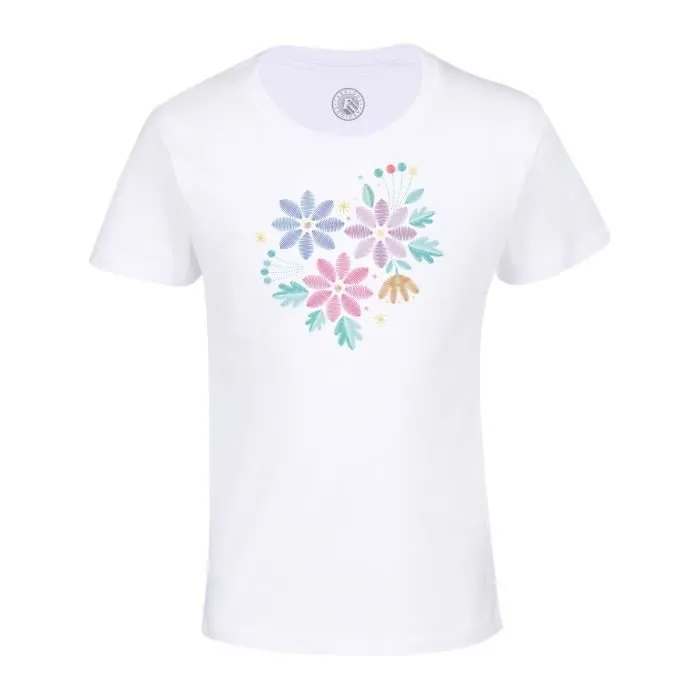 T-shirt Enfant Blanc Dessin Fleurs des Champs Minimalistes Fait Main Art Illustration Couleurs Primaires-0