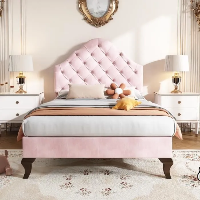 Lit capitonné simple 90 x 200 cm en velour rose, Tête de lit réglable, Sommier à lattes en bois, pour fille, Rose-1