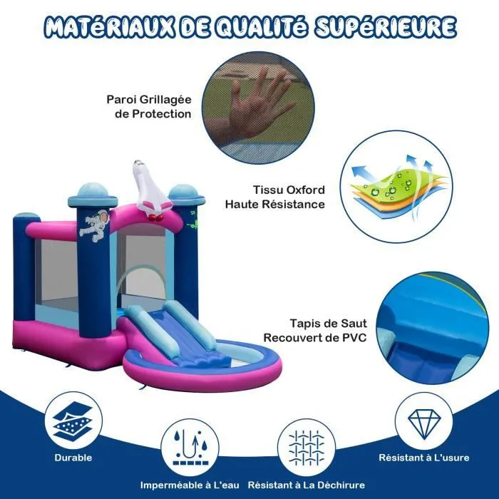COSTWAY Toboggan Aquatique Gonflable Thème de l'Espace avec Gonfleur 480 W Piscine à Eclaboussures,Toboggan Sac de Transport,Piquets-1