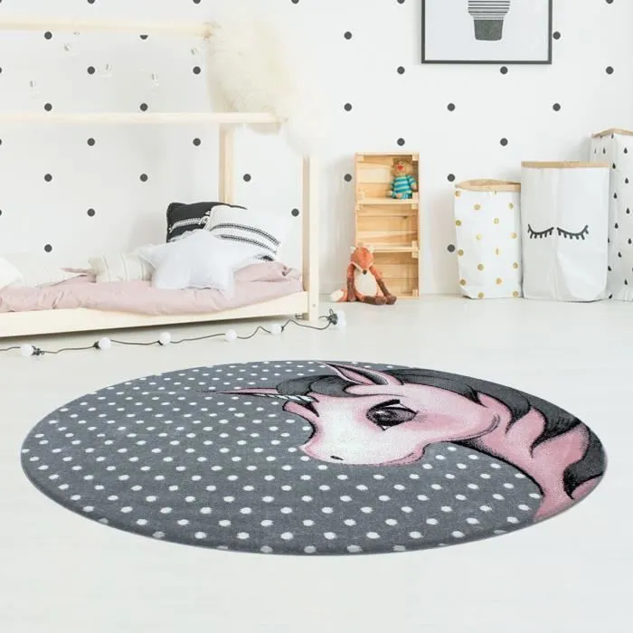 Tapis Enfant Rond LICORNE - AYYILDIZ - Rose - 120 x 120cm - 100% Polypropylène-1