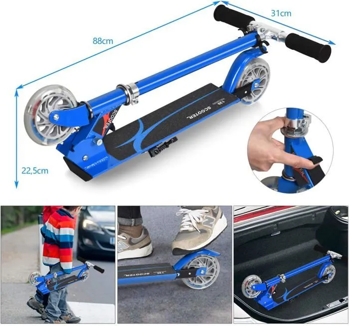 COSTWAY Trottinette Enfant Pliable 2 Roues LED Clignotantes Hauteur Ajustable Charge Max 70kg Enfant de 4 à 13 Ans Patinette Bleu-3