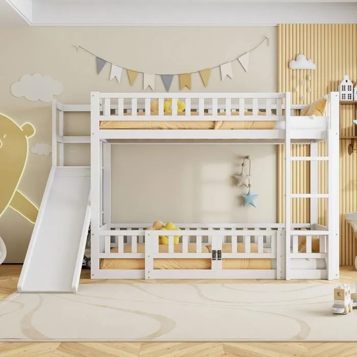 Lit superposé - Enfant - 90x200cm - Bois massif - Toboggan - Échelle avec porte coulissante-1