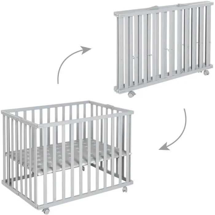 Parc bébé pliable - ROBA - LITTLE STARS - 75 x 100 cm - Hauteur réglable - 4 Roues freinées - Bois Laqué Gris Taupe - Motif Étoile-0