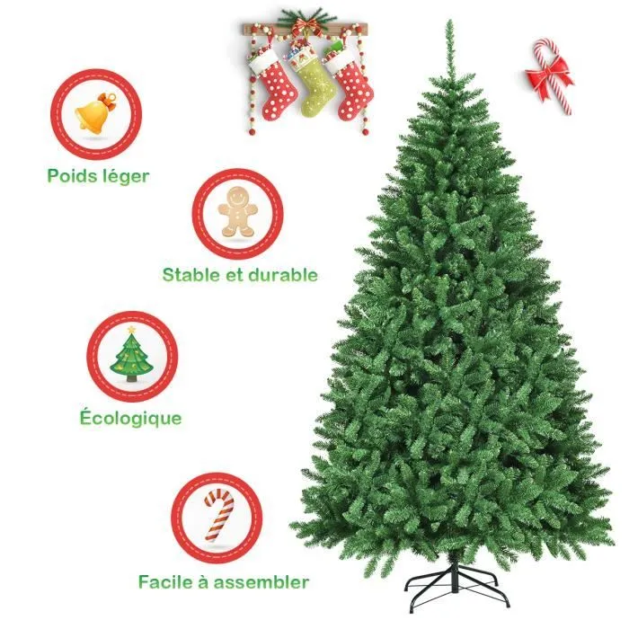 COSTWAY Sapin de Noël Artificiel 225CM à Charnière avec Support Métallique,2254 Branches Sapin Douglas PVC Décoration de Fête Vert-1