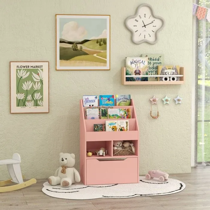 Bibliothèque HOMCOM étagère Multi-Rangement 3 étagères 2 niches Grand tiroir en bois Rose-2