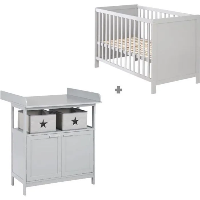 Chambre Bébé Duo Hamburg - ROBA - Lit Bébé 60x120 + Commode à Langer - Gris-0