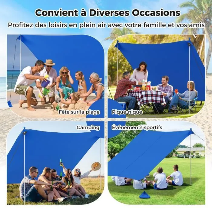 COSTWAY Tente de Plage 4 Personnes 3 x 3M-Anti UV UPF50+-Sac de Transport Portable-4 Sacs pour Sable-Piquets de Sol-2 Poteaux-Bleu-1