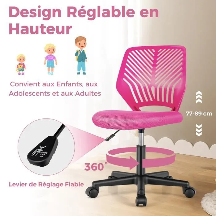 COSTWAY Chaise de Bureau Ergonomique en Maille, Hauteur du Siège Réglable 41-53 cm, pour Enfant, Adolescent, Adulte, Rose-1