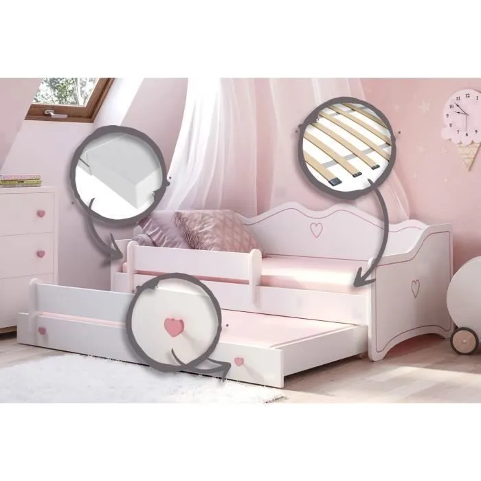 Lit gigogne double enfants EMMA 80x160 avec 2 matelas, 2 sommiers, blanc-2