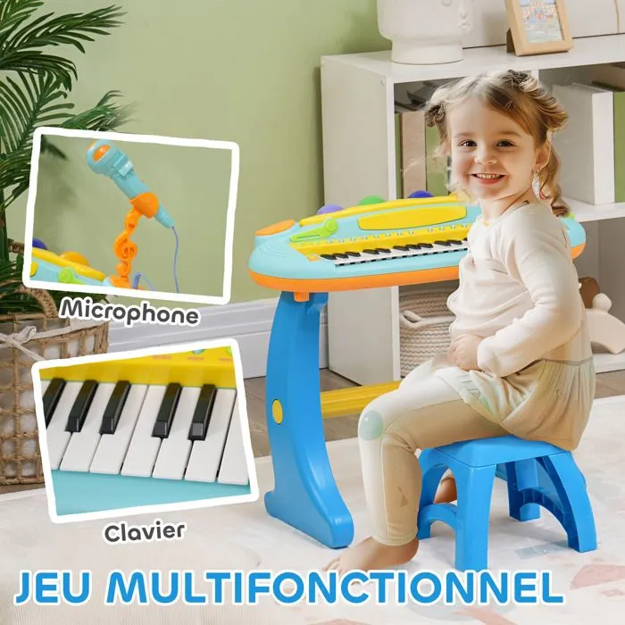 Piano enfant électronique AIYAPLAY 37 touches, avec micro, tabouret, lumière LED, fonction d'enregistrement et de relecture, bleu-4