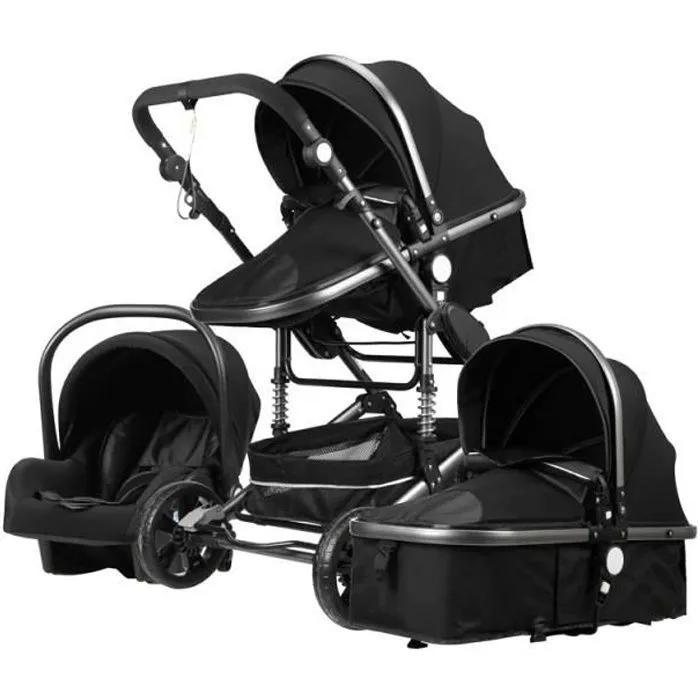 Poussette Bébé Combinée Trio Pack 3 en 1 Noir-ARG Chassis Haut a Absorption de Chocs Pliable Siege Auto Réversible Roues Increvables-0