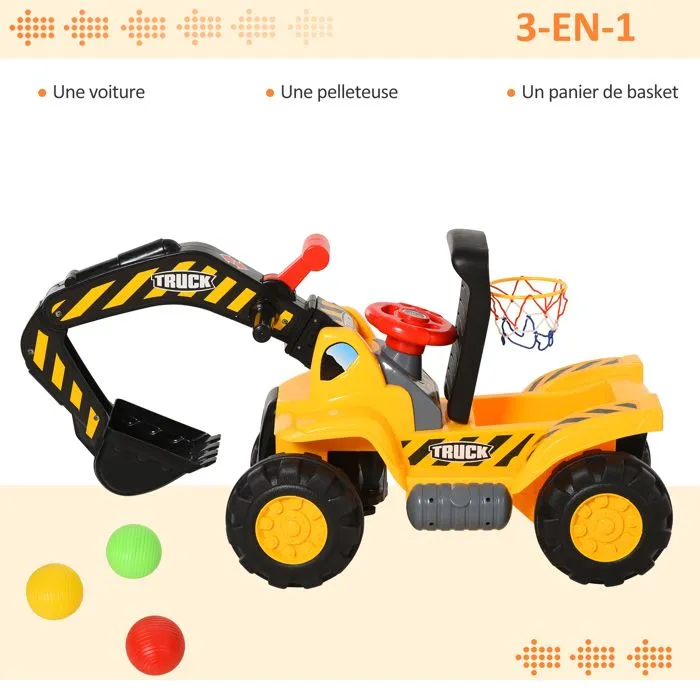 Tracteur tractopelle enfant dès 3 ans coffre panier de basket intégré et balles HDPE jaune noir-5