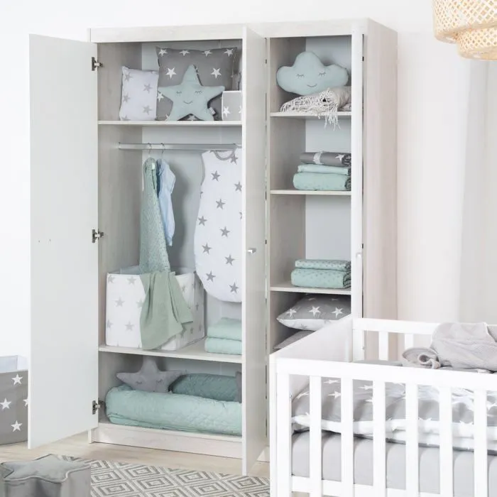 Armoire Bébé 3 Portes Battantes Julia - ROBA - Blanc / Chêne Sonoma - Penderie et 6 Étagères-1