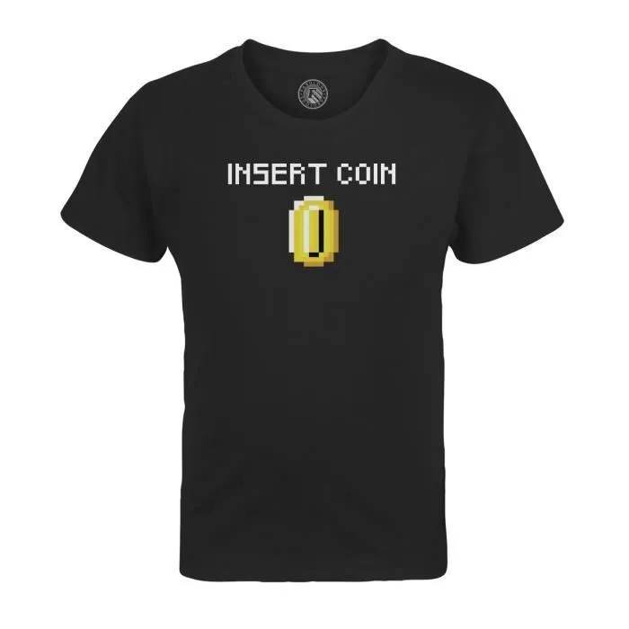 T-shirt Enfant Noir Insert Coin Pixel Art Retro Arcade Jeux Vidéo 8 bits-0