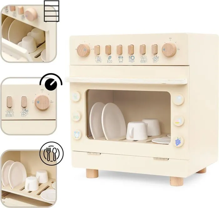 Jouet d'imitation Enfant- Imitation Lave Vaisselle en Bois- Mamabrum- Avec des ustensiles et tablettes de lave vaisselle- Norme CE-3