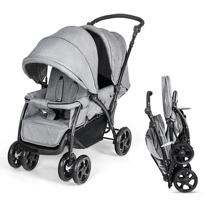 COSTWAY Poussette Double Pliable pour Jumeaux Auvent Capote Réglable Canne Landau 4 Roues Anti-chocs Harnais à 5 Points Charge 30kg-0