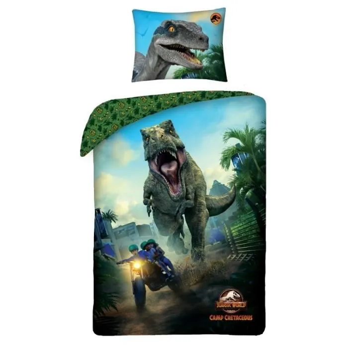 Jurassic World - Parure de lit coton Enfant Dinosaures Lit 1 place, Housse de couette 140x200 cm, une Taie d’oreiller-0