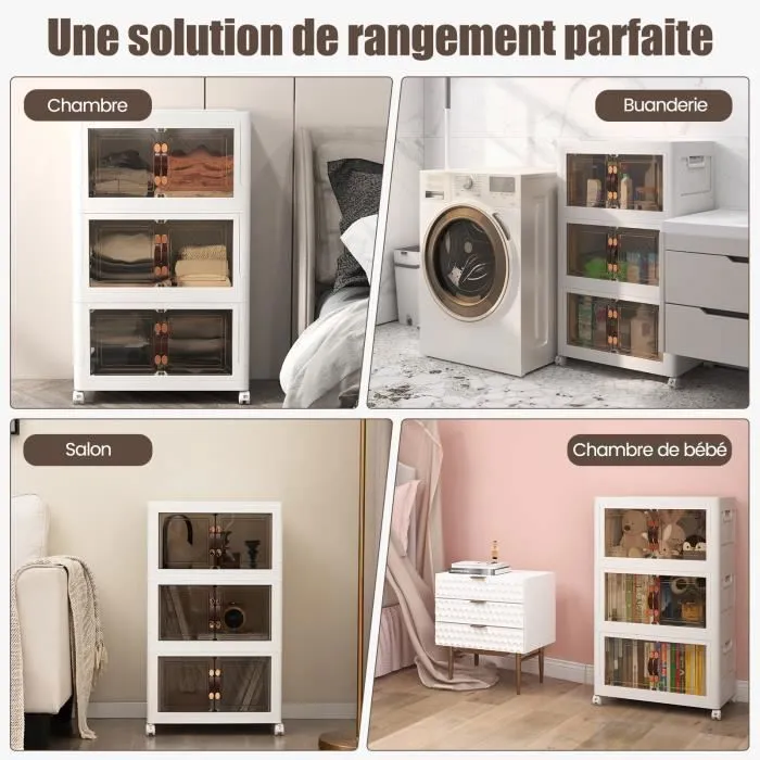 COSTWAY Boîte Rangement Plastique 105L, 3 Caisses de Rangement Pliables avec 4 Roulettes et Couvercles, pour Chambre, Salon, Cuisine-3