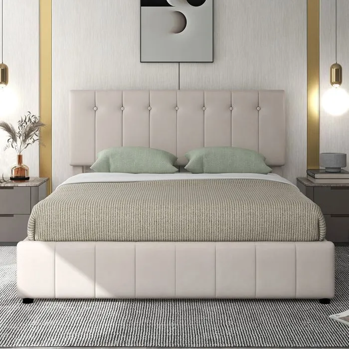 ModernLuxe Lit coffre adulte 140x200cm, lit double contemporain, en velours, avec sommier + espace de rangement, beige-4