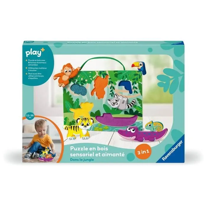 Ravensburger play+, Puzzle en bois sensoriel et aimanté - Dans la jungle , 6-36 mois, Premier âge, bébé-0