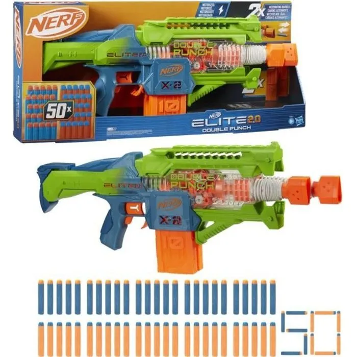 Nerf Elite 2.0 Double Punch Blaster motorisé, canons alternatifs Rapides, 50 fléchettes Nerf Elite, 2 chargeurs 10 fléchettes, dès 8-0