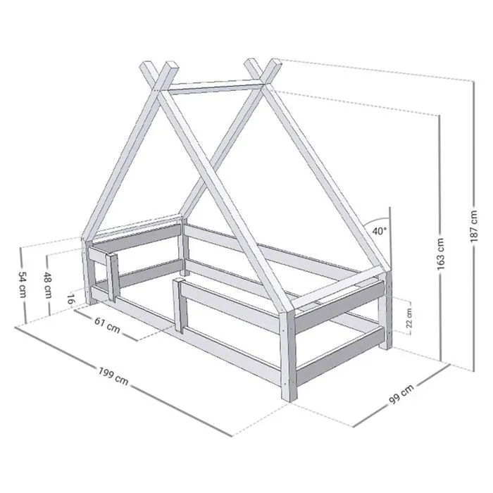 Lit Tipi enfant avec barrière bois massif naturel 90 x 190 cm-2
