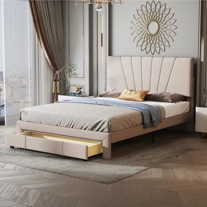 Lit double capitonné 140x200 cm en tissu avec grand tiroir, 2 personnes, Sommier à lattes inclus, Scandinave, Beige foncé-0