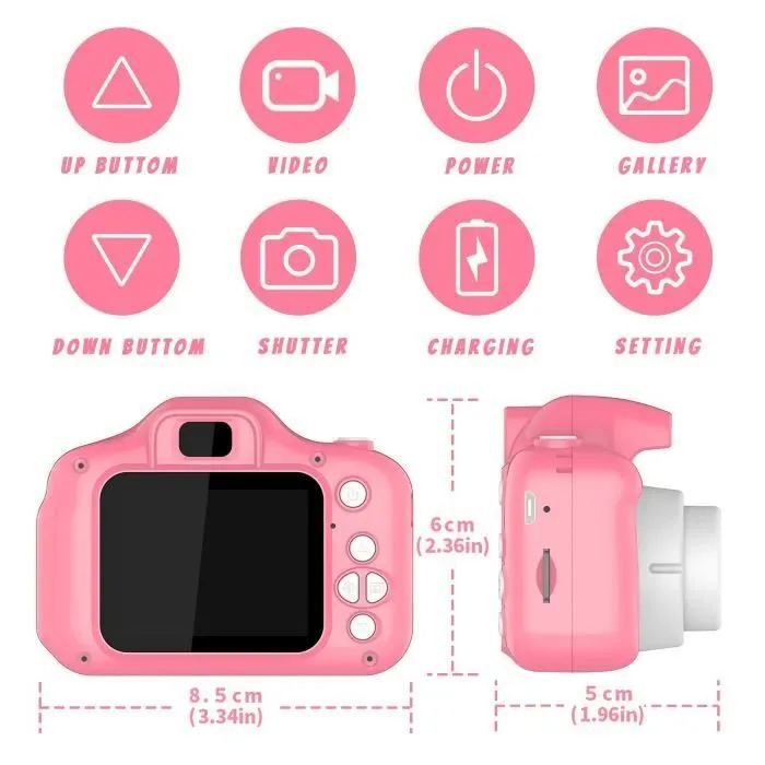 Appareil photo pour enfant LAMZIEN - 8MP/720P - Carte TF 32Go - Coque en silicone résistante aux chocs - Rose-2