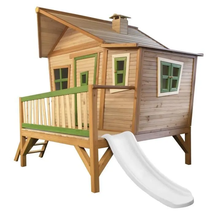 Maisonnette pour enfants avec toboggan AXI Emma en bois blanc, marron et vert-2
