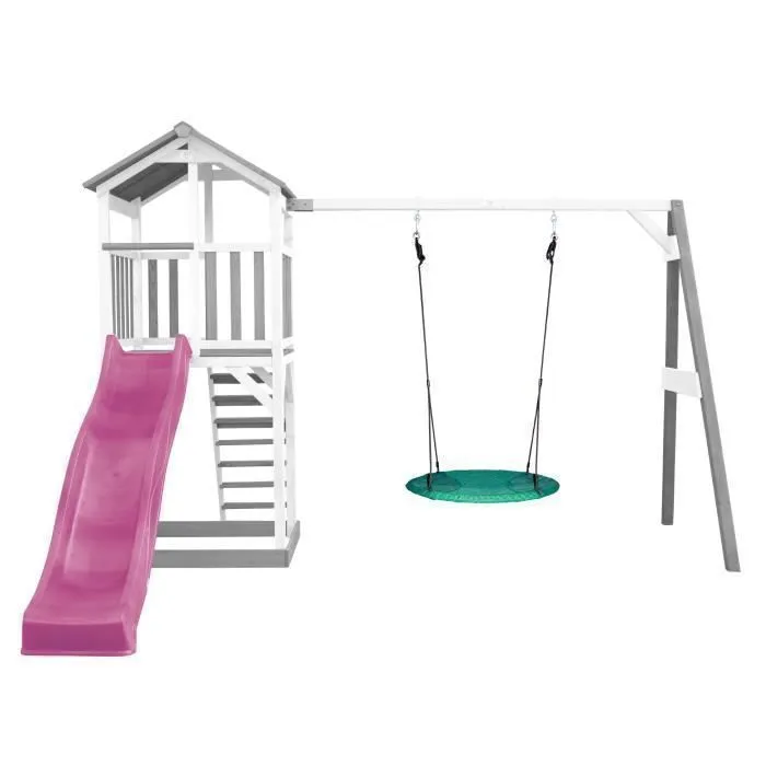 Aire de Jeux - AXI - Beach Tower - Toboggan Violet - Balançoire Nid d'oiseau Vert - Bac à Sable-1