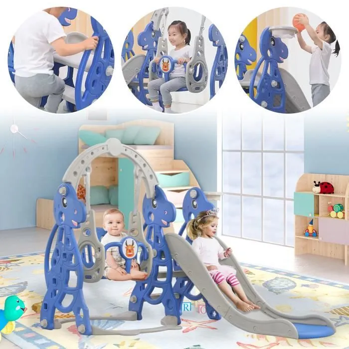 LZQ 4 en 1 Toboggan pour Enfants en Plastique Aire de Jeux avec panier de basket-ball, balançoire, échelle d'escalade, toboggan-0