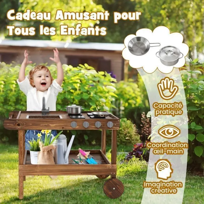 Cuisine Enfants en Bois de Sapin COSTWAY avec Roues et Poignée de Poussée,Boutons Réalistes avec Poêle,Casserole et Couvercle-2