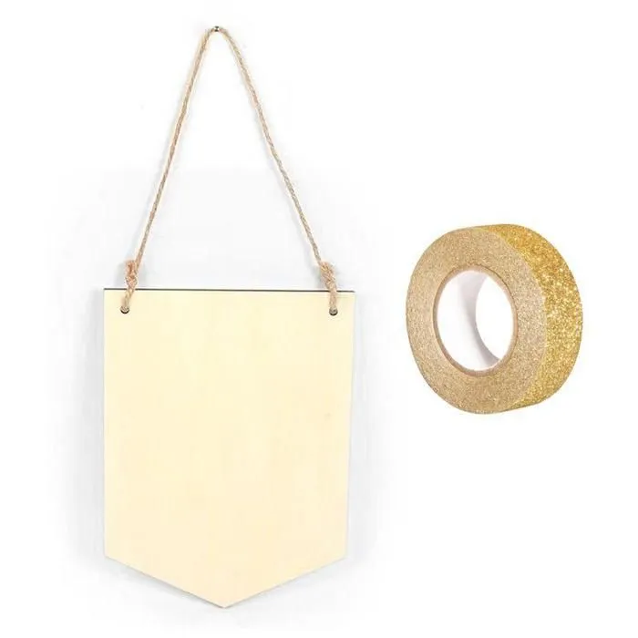 Fanion bois à suspendre 20 x 15 cm + masking tape doré à paillettes 5 m-0