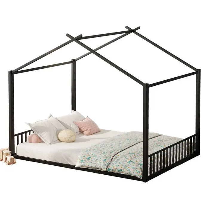 Lit enfant - lit cabane - 140x200cm - Métal noir - Sommier à lattes inclus - 1 place-1