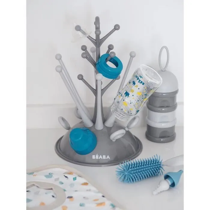 BEABA, Coffret naissance, Egoutte biberon arbre grey + Boite doseuses light/dark mist + Goupillon silicone + Bavoir coton tropical-3