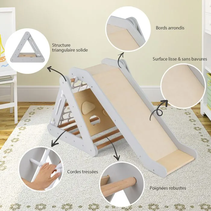 COSTWAY Station de Jeu avec Triangle d'Escalade,Toboggan en Bois et Filet, Résistant aux Intempéries, Charge 60 KG 1 Ans+ Gris-1