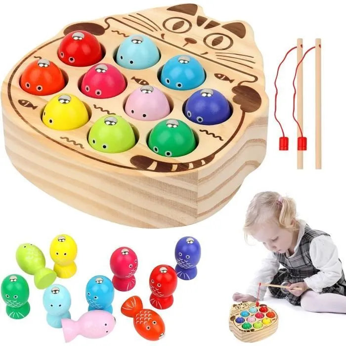 Jouet en Bois - Montessori - Jeu de Pêche Magnétique - 10 Poissons - 2 Cannes à Pêche - Écologique-0