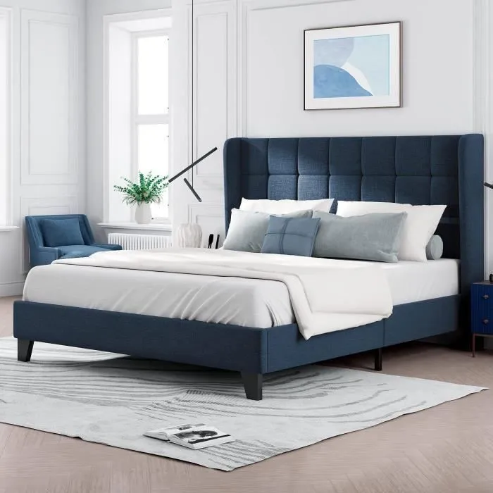 Merax lit double pour adulte 140x200cm, 2places, revêtement en lin bleu, avec sommier à lattes, style scandinave, bleu-0