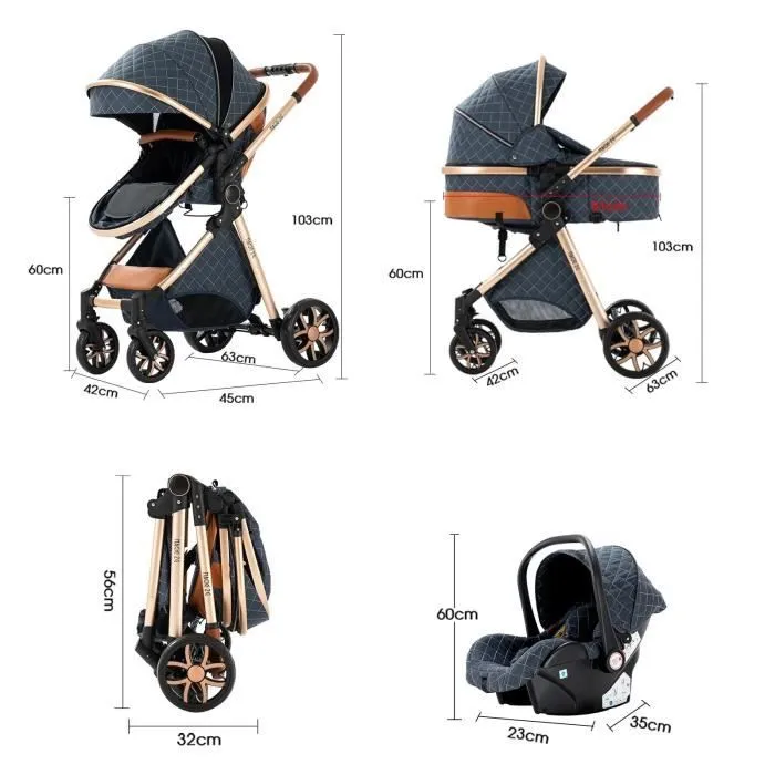 Poussette 3 en 1 Bébé Combinée Siège-Auto Nacelle Trio Réversible Réglable Haute Qualité Roues increvables Canne bleu.bazarland30-2