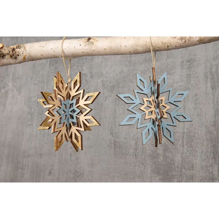 2 flocons de neige 3D en bois pour sapin de Noël-1