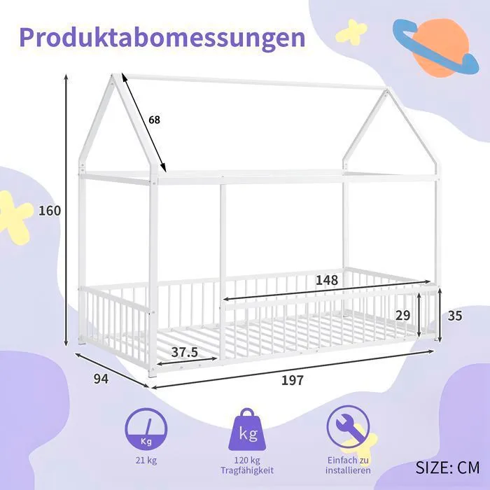 Lit cabane enfant 190x90  avec clôture et porte, avec protection anti-chute, Blanc-3