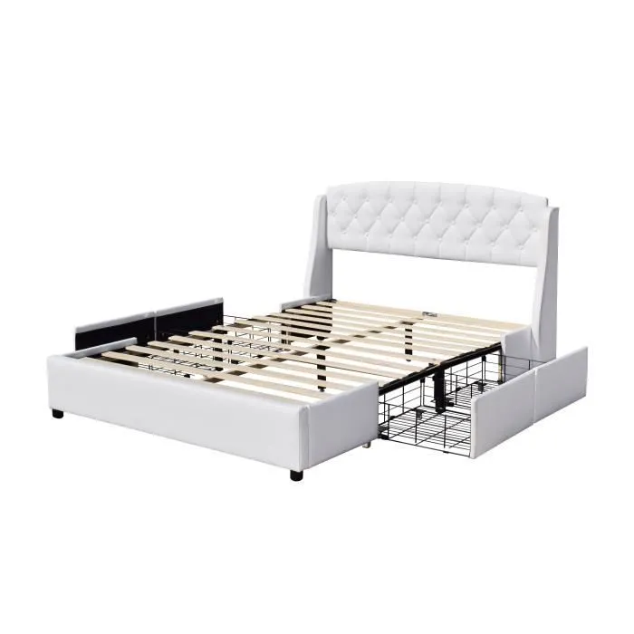 iris - Solide et Confortable Lit 160x200 avec Sommier avec 4 tiroirs Tete de lit Couleur BLANC Pieds en 4 cm-0
