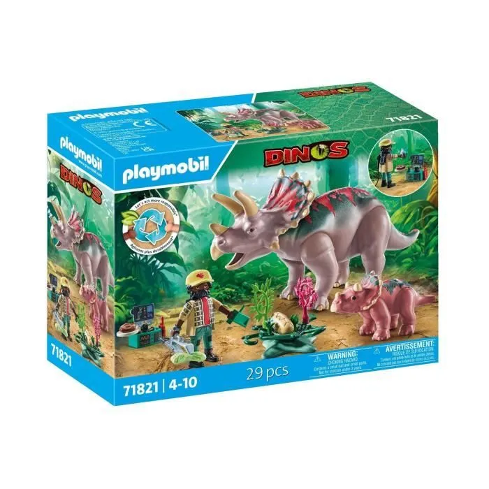 PLAYMOBIL 71821 Tricératops avec bébé et explorateur, Dinos, 29 pièces, Dès 4 ans-0