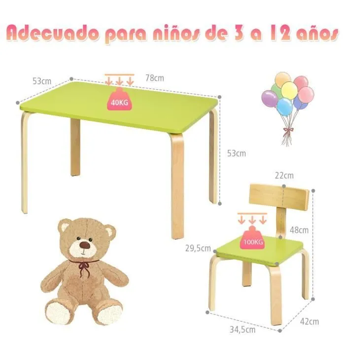 COSTWAY Ensemble Table et Chaise pour Enfant, Inclus 1 Table et 2 Chaises, Bonne Protection En Bois Courbé, Idéal pour l’Intérieur-3
