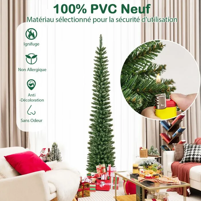 Sapin de Noël Artificiel LED COSTWAY 210cm-200 Lumières Blanc Chaud-Forme de Crayon Mince-499 Branches PVC-Support en Métal Pliable-3