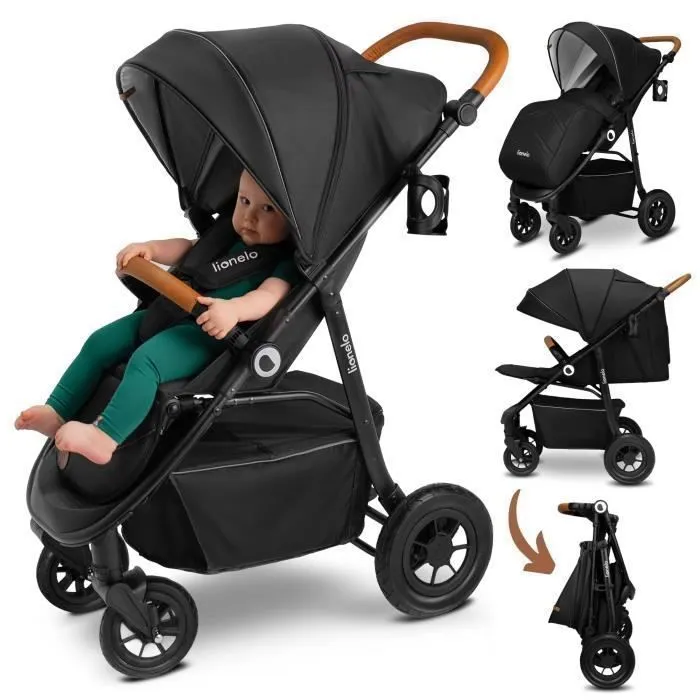 Poussette canne compacte LIONELO Natt - Jusqu'à 22 Kg - Légère & pliable - Roues gonflables - Noir-0