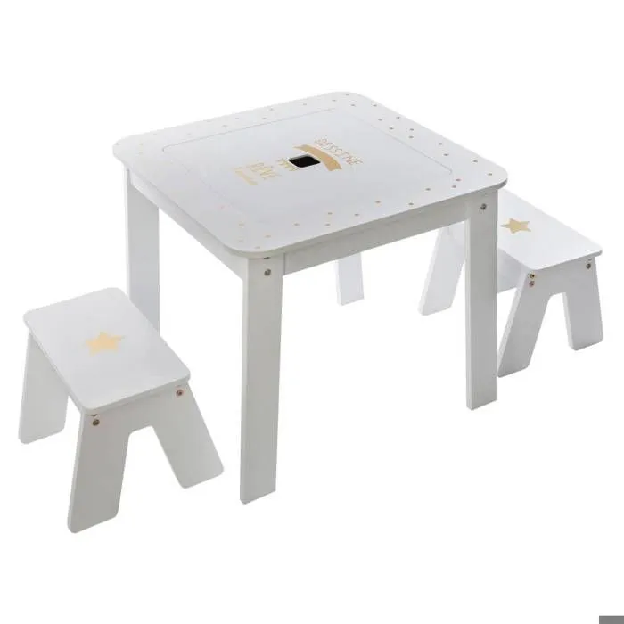 Table bac enfant + 2 tabourets - Blanc et doré - ATMOSPHERA - L 57 x P 57 x H 51 cm - Enfant - Bois MDF-0