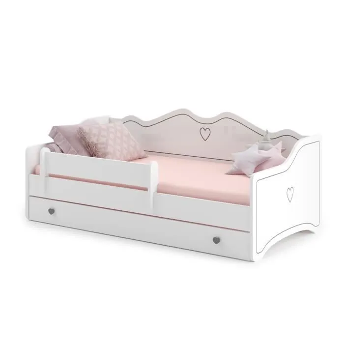 Lit enfant pour une fille EMMA 80x160 avec matelas + sommier + tiroir en blanc-0