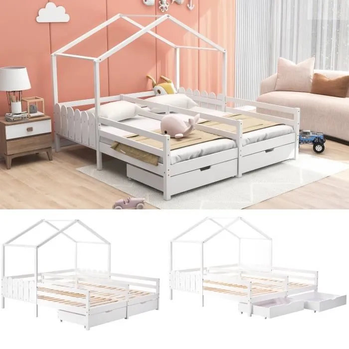 Lit cabane enfant 200x90cm, lit double avec 2 tiroirs en MDF, tiroirs sur roulettes, sommier à lattes en pin, blanc-2