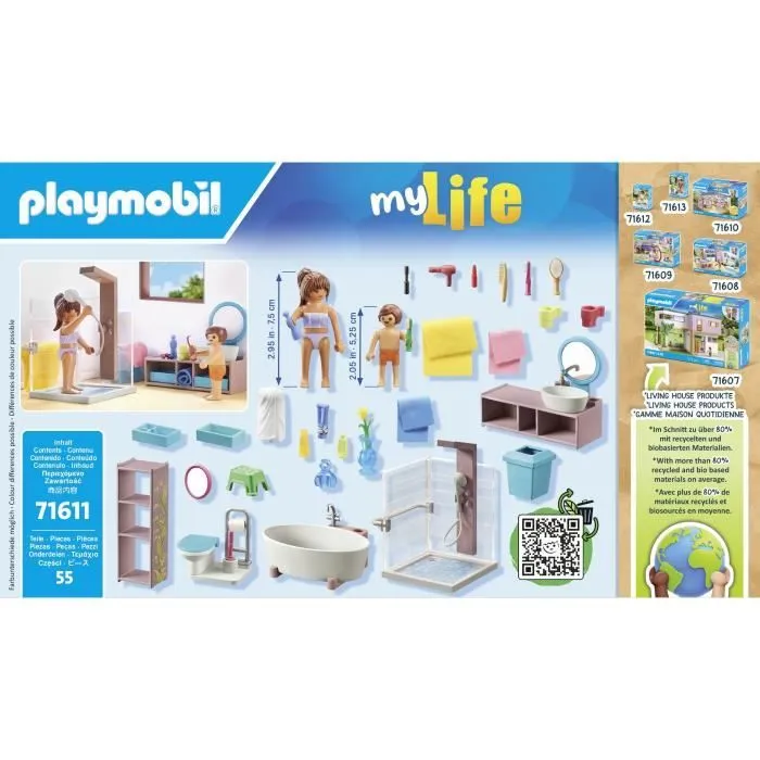 PLAYMOBIL 71611 Salle de bains avec douche et baignoire, My Life, Maison d'architecte, 55 pièces, Dès 4 ans-4